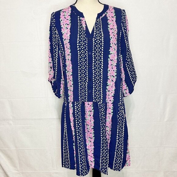 Southern Tide Blue Floral Longsleeve Dress V- Neck Roll-Tab Sleeve Sz S - Picture 1 of 7
